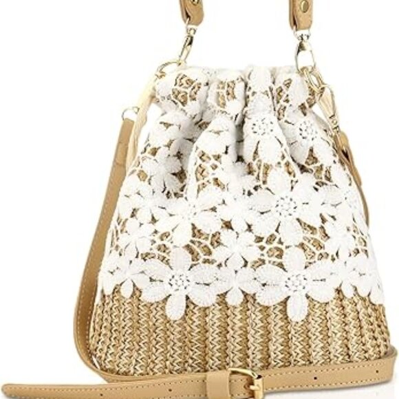 Neiman Marcus White Beige Floral Bamboo Beach Travel Bag